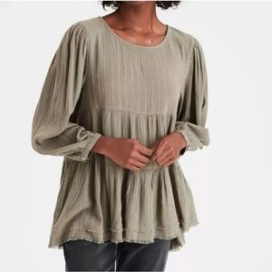 American Eagle Olive Green Tiered Baby Doll Boho Prairie Top